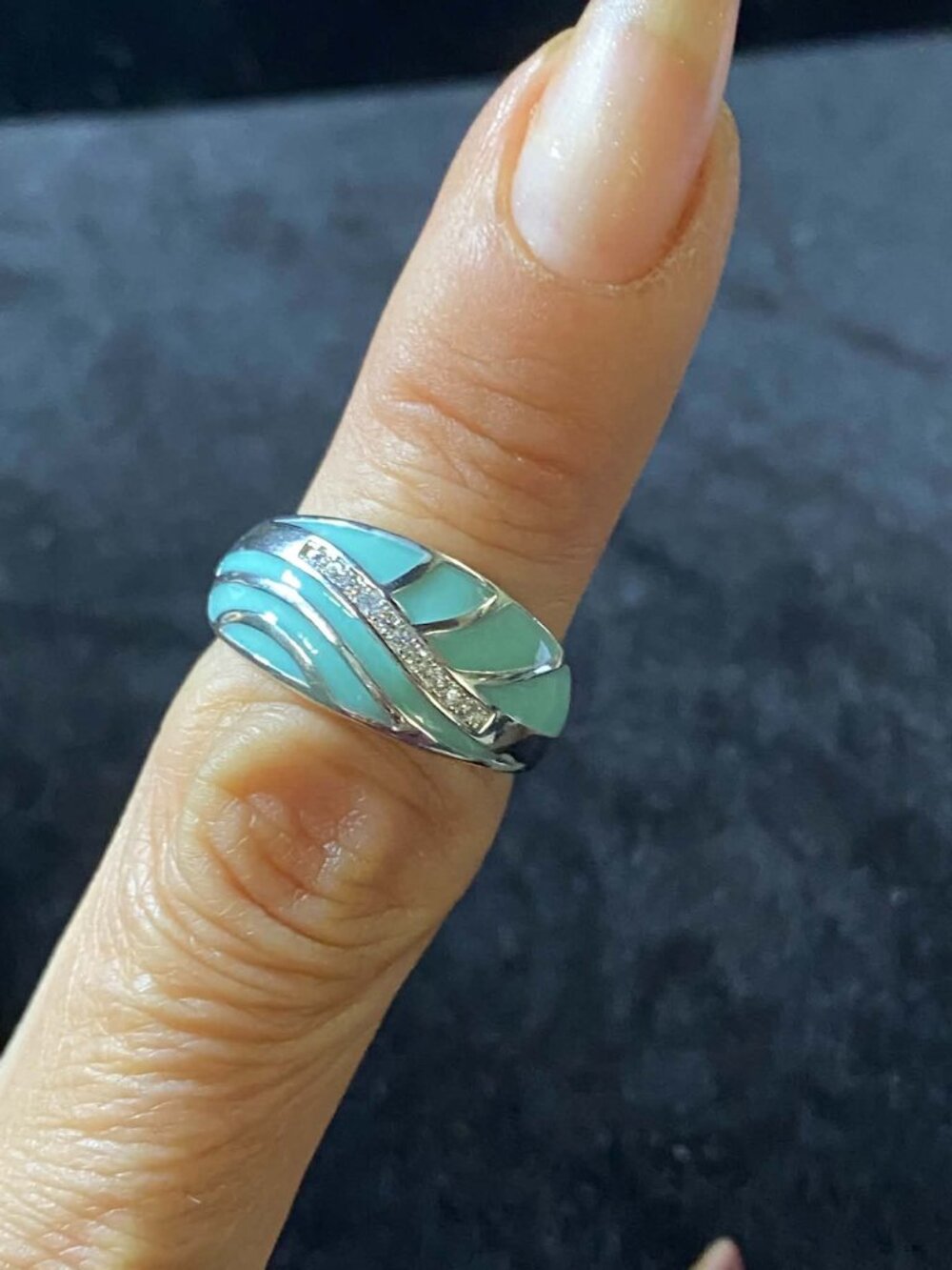 .925 Sterling Silver Aqua Enamel Cubic Zirconia Feminine Art Deco Retro Ring